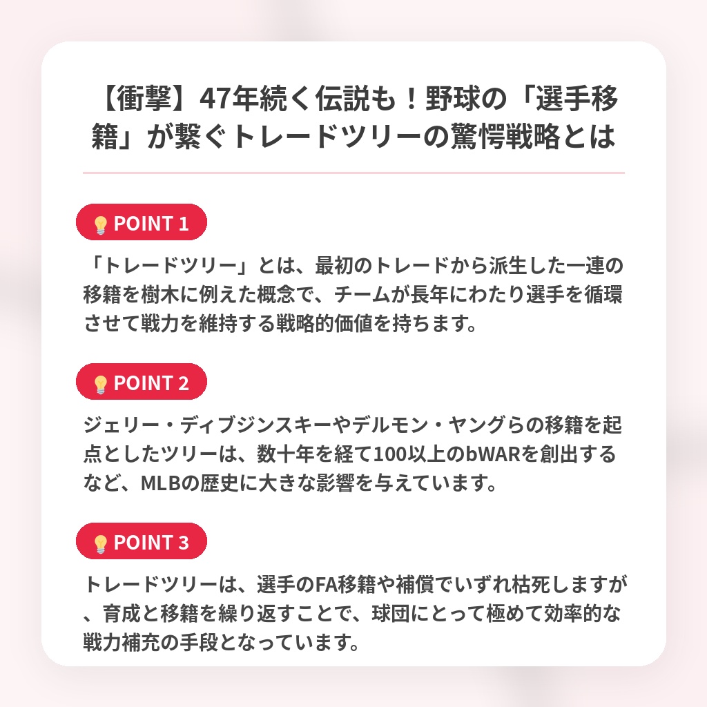 【衝撃】47年続く伝説も!野球の「選手移籍」が繋ぐトレードツリーの驚愕戦略とはの注目ポイントまとめ