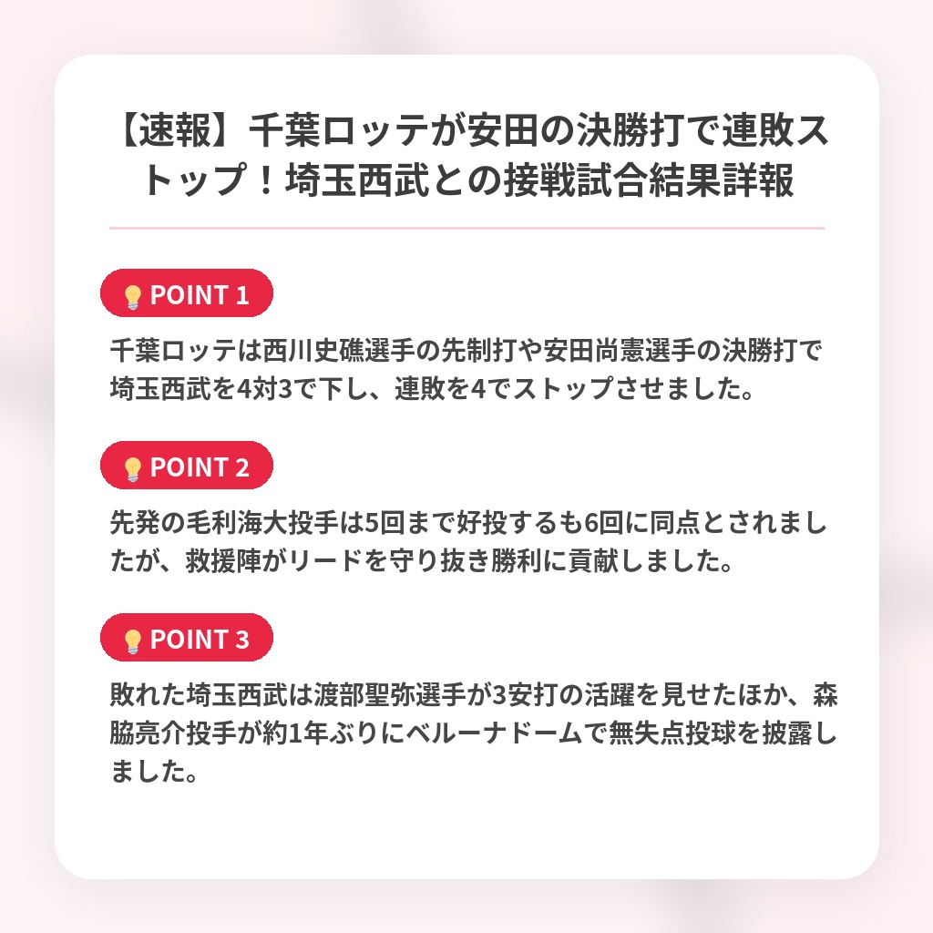 【速報】千葉ロッテが安田の決勝打で連敗ストップ!埼玉西武との接戦試合結果詳報の注目ポイントまとめ