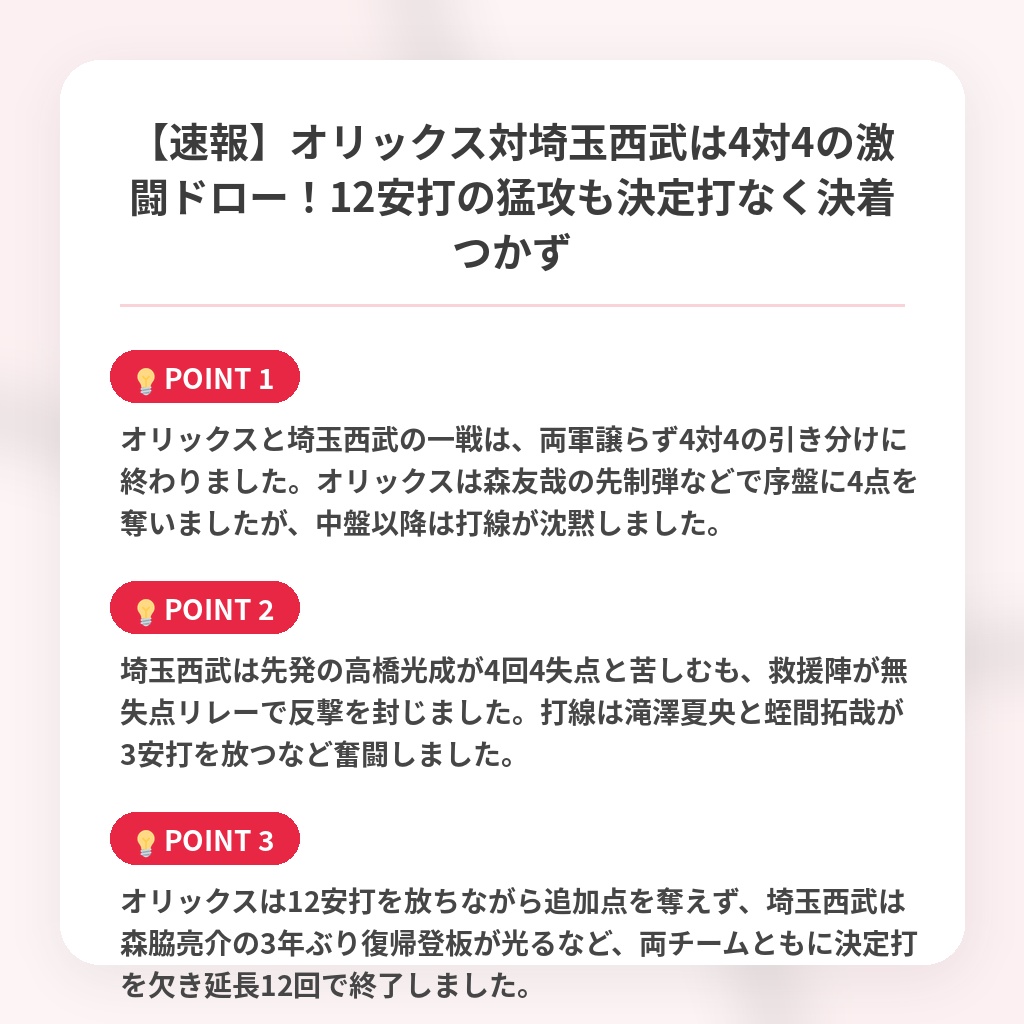 【速報】オリックス対埼玉西武は4対4の激闘ドロー！12安打の猛攻も決定打なく決着つかずの注目ポイントまとめ