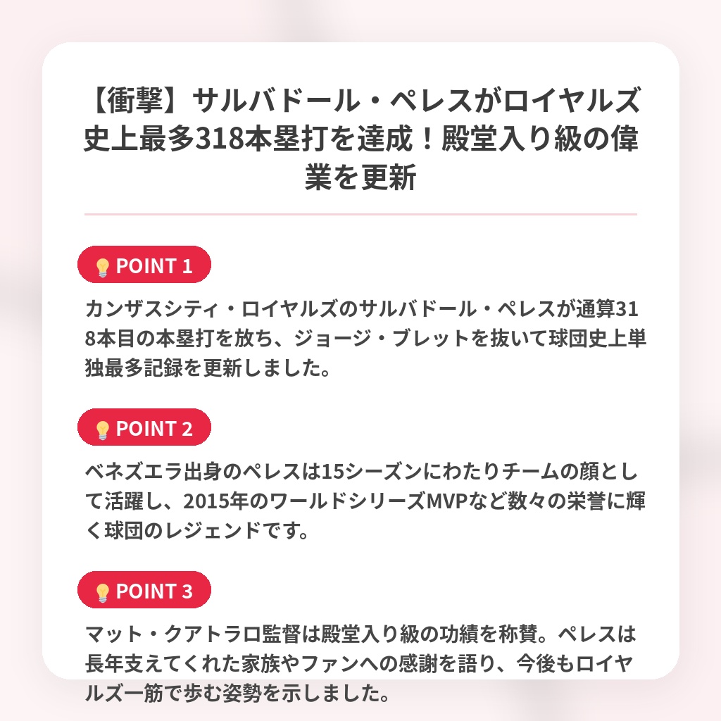 【衝撃】サルバドール・ペレスがロイヤルズ史上最多318本塁打を達成!殿堂入り級の偉業を更新の注目ポイントまとめ