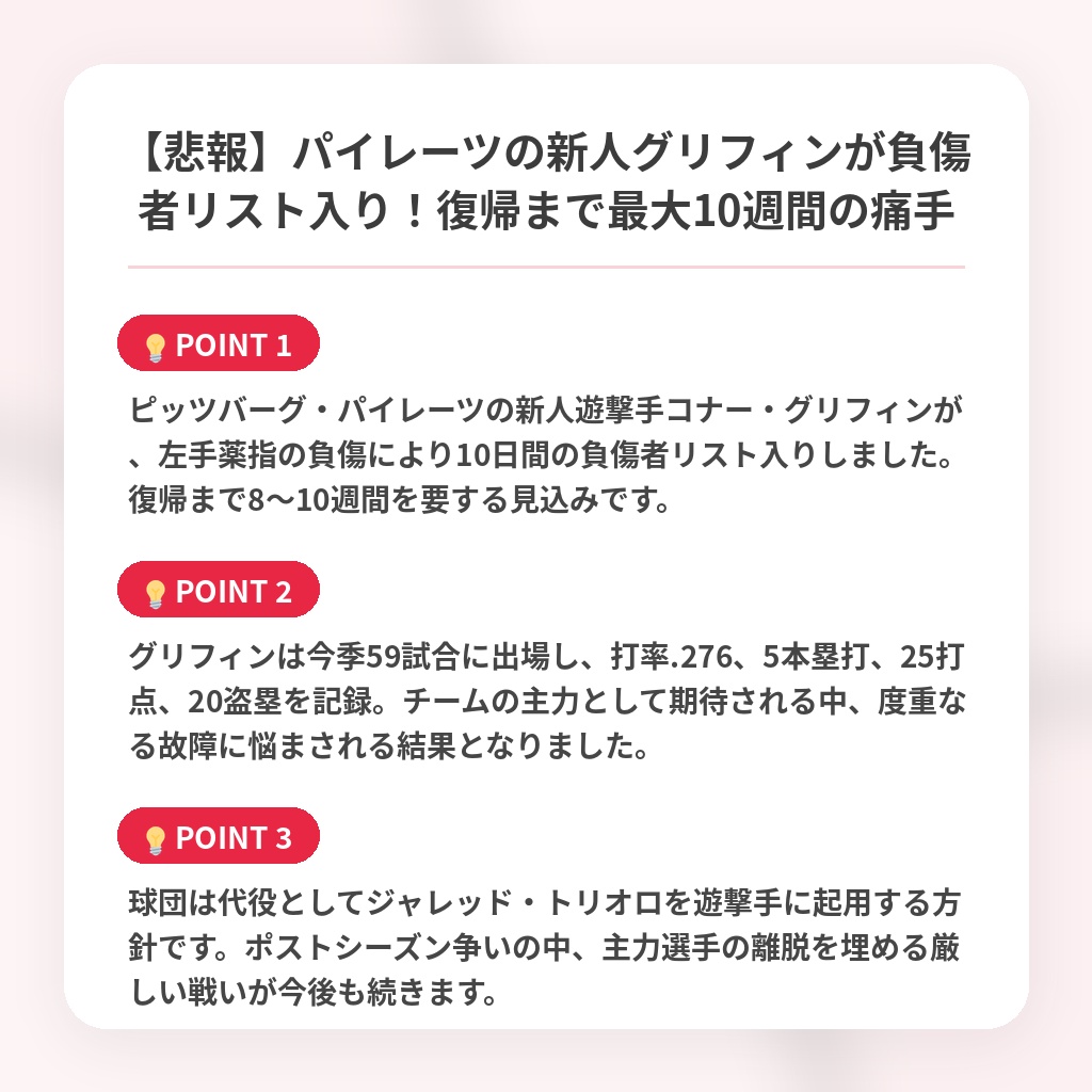 【悲報】パイレーツの新人グリフィンが負傷者リスト入り!復帰まで最大10週間の痛手の注目ポイントまとめ