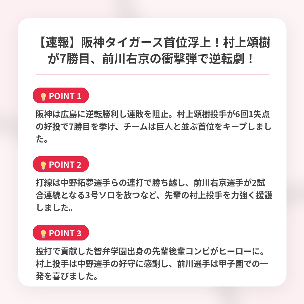 【速報】阪神タイガース首位浮上！村上頌樹が7勝目、前川右京の衝撃弾で逆転劇！の注目ポイントまとめ