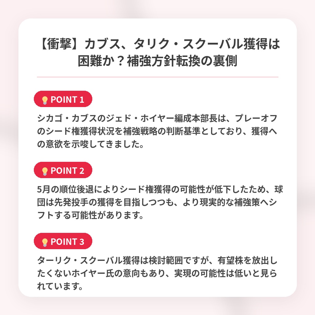 【衝撃】カブス、タリク・スクーバル獲得は困難か？補強方針転換の裏側の注目ポイントまとめ