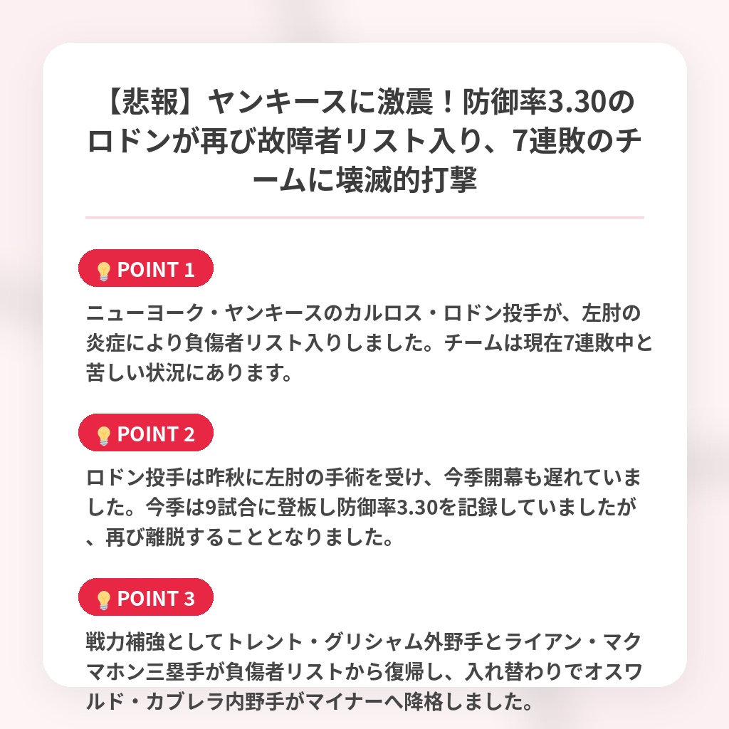 【悲報】ヤンキースに激震!防御率3.30のロドンが再び故障者リスト入り、7連敗のチームに壊滅的打撃の注目ポイントまとめ
