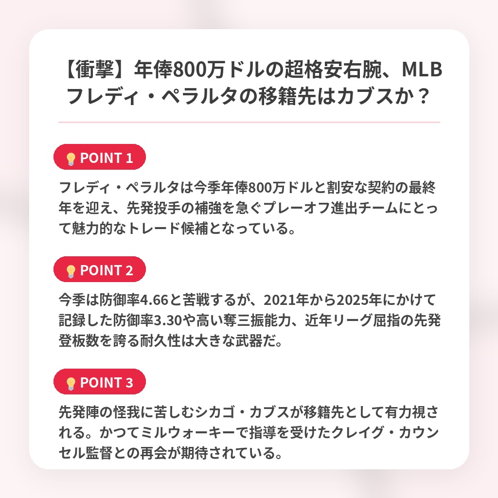 【衝撃】年俸800万ドルの超格安右腕、MLBフレディ・ペラルタの移籍先はカブスか？の注目ポイントまとめ