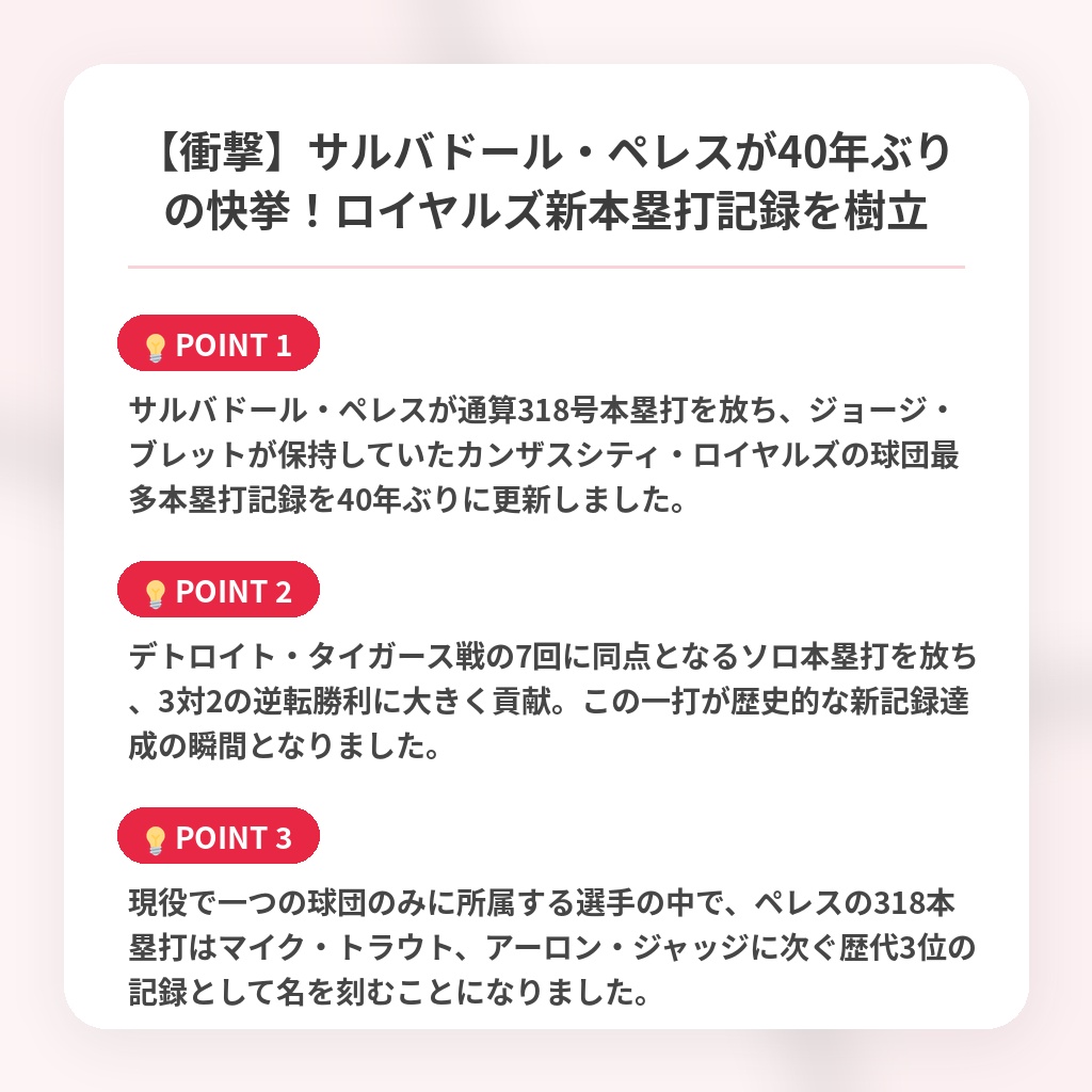 【衝撃】サルバドール・ペレスが40年ぶりの快挙!ロイヤルズ新本塁打記録を樹立の注目ポイントまとめ