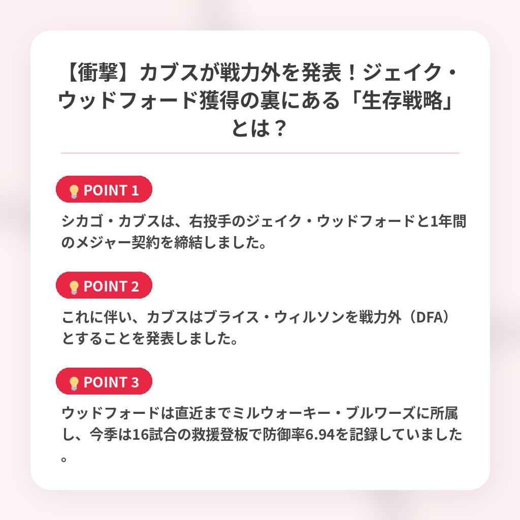 【衝撃】カブスが戦力外を発表!ジェイク・ウッドフォード獲得の裏にある「生存戦略」とは?の注目ポイントまとめ