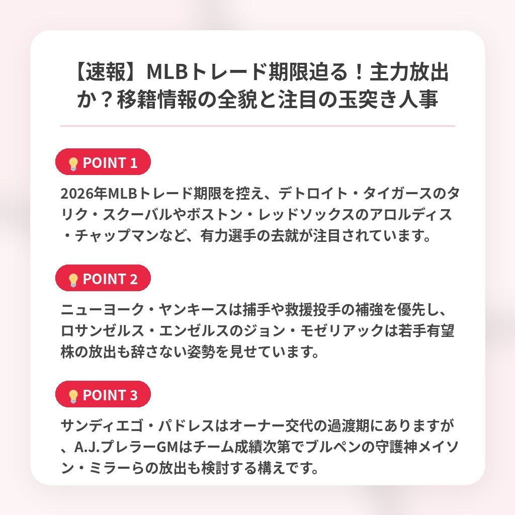 【速報】MLBトレード期限迫る！主力放出か？移籍情報の全貌と注目の玉突き人事の注目ポイントまとめ