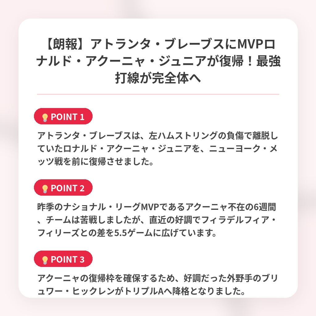 【朗報】アトランタ・ブレーブスにMVPロナルド・アクーニャ・ジュニアが復帰！最強打線が完全体への注目ポイントまとめ