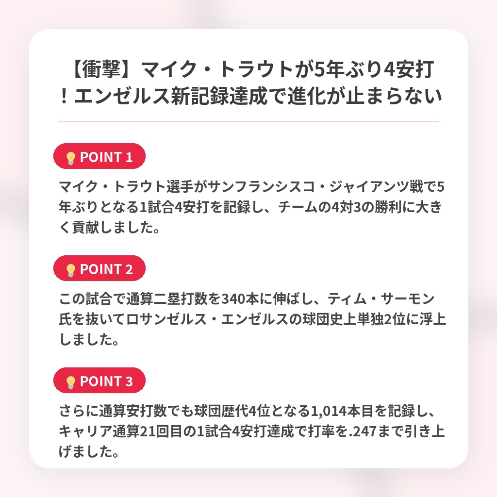 【衝撃】マイク・トラウトが5年ぶり4安打！エンゼルス新記録達成で進化が止まらないの注目ポイントまとめ
