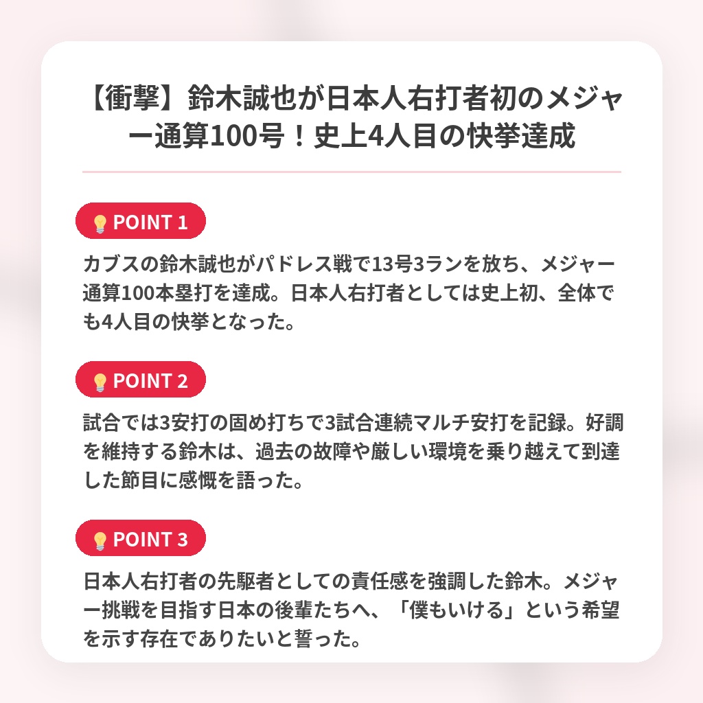 【衝撃】鈴木誠也が日本人右打者初のメジャー通算100号！史上4人目の快挙達成の注目ポイントまとめ