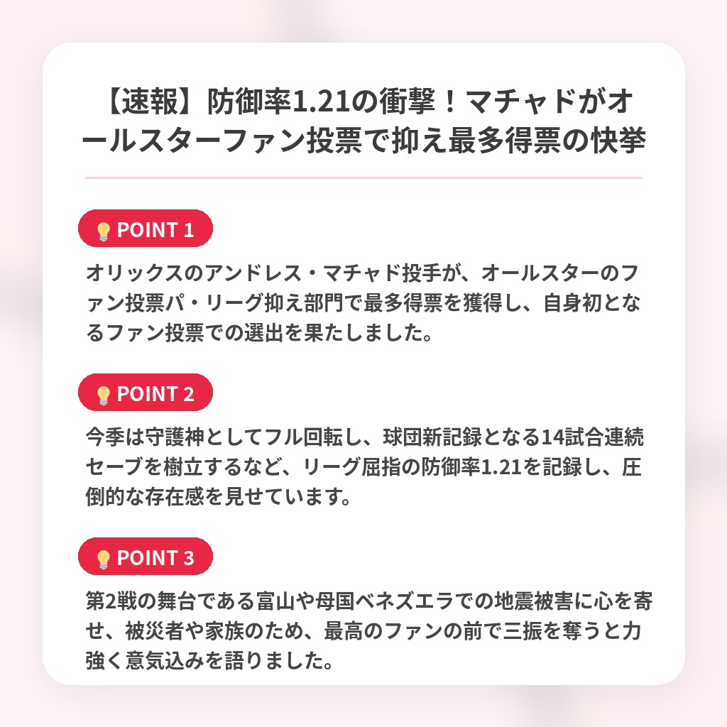 【速報】防御率1.21の衝撃！マチャドがオールスターファン投票で抑え最多得票の快挙の注目ポイントまとめ