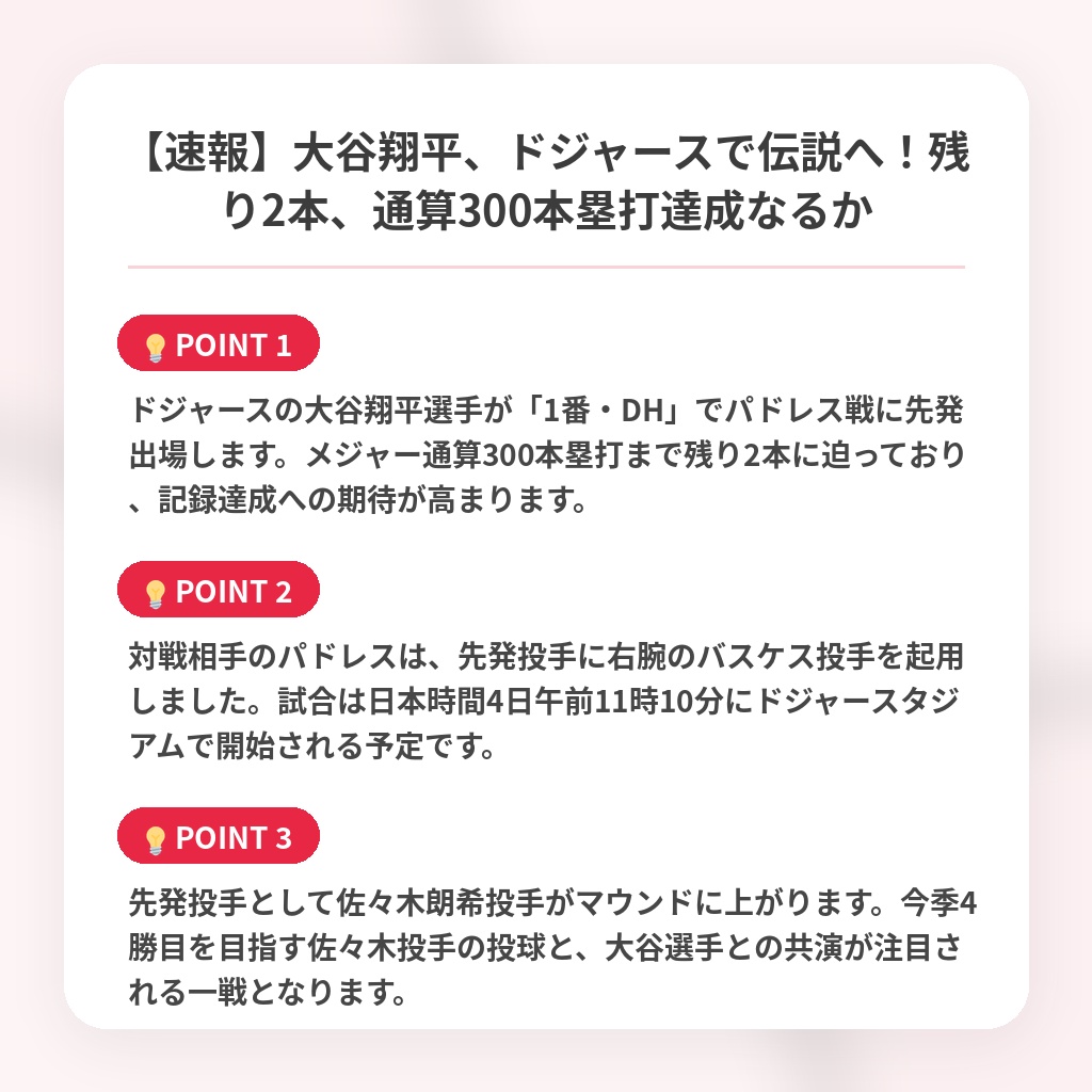 【速報】大谷翔平、ドジャースで伝説へ！残り2本、通算300本塁打達成なるかの注目ポイントまとめ