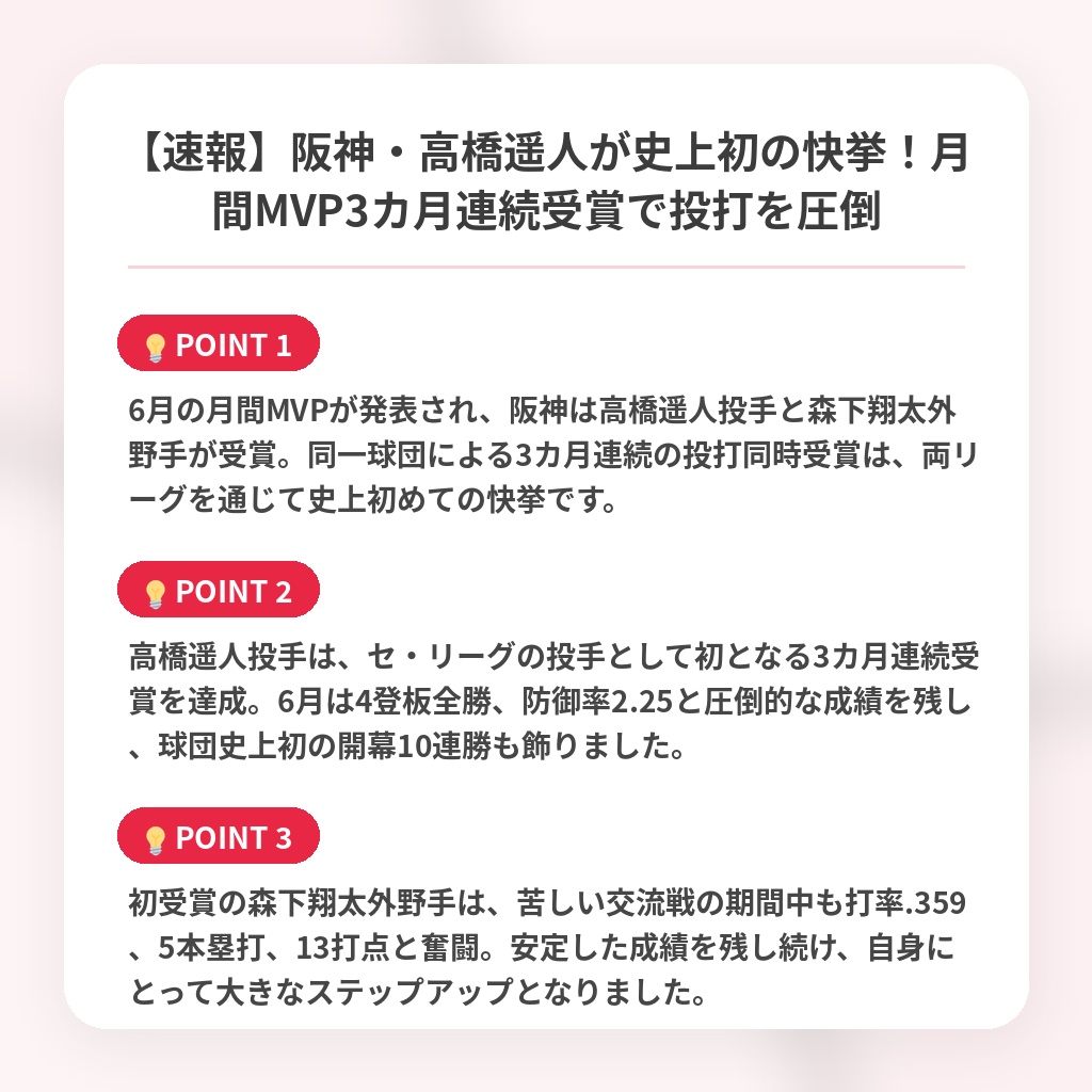 【速報】阪神・高橋遥人が史上初の快挙！月間MVP3カ月連続受賞で投打を圧倒の注目ポイントまとめ