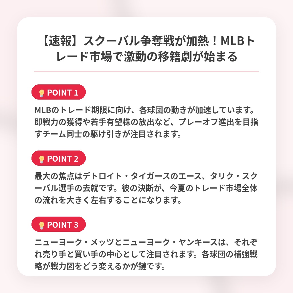【速報】スクーバル争奪戦が加熱！MLBトレード市場で激動の移籍劇が始まるの注目ポイントまとめ
