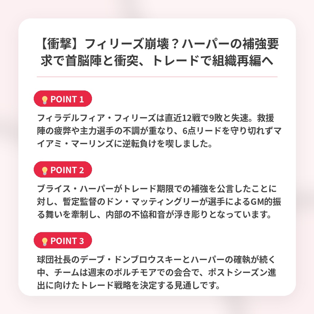 【衝撃】フィリーズ崩壊？ハーパーの補強要求で首脳陣と衝突、トレードで組織再編への注目ポイントまとめ