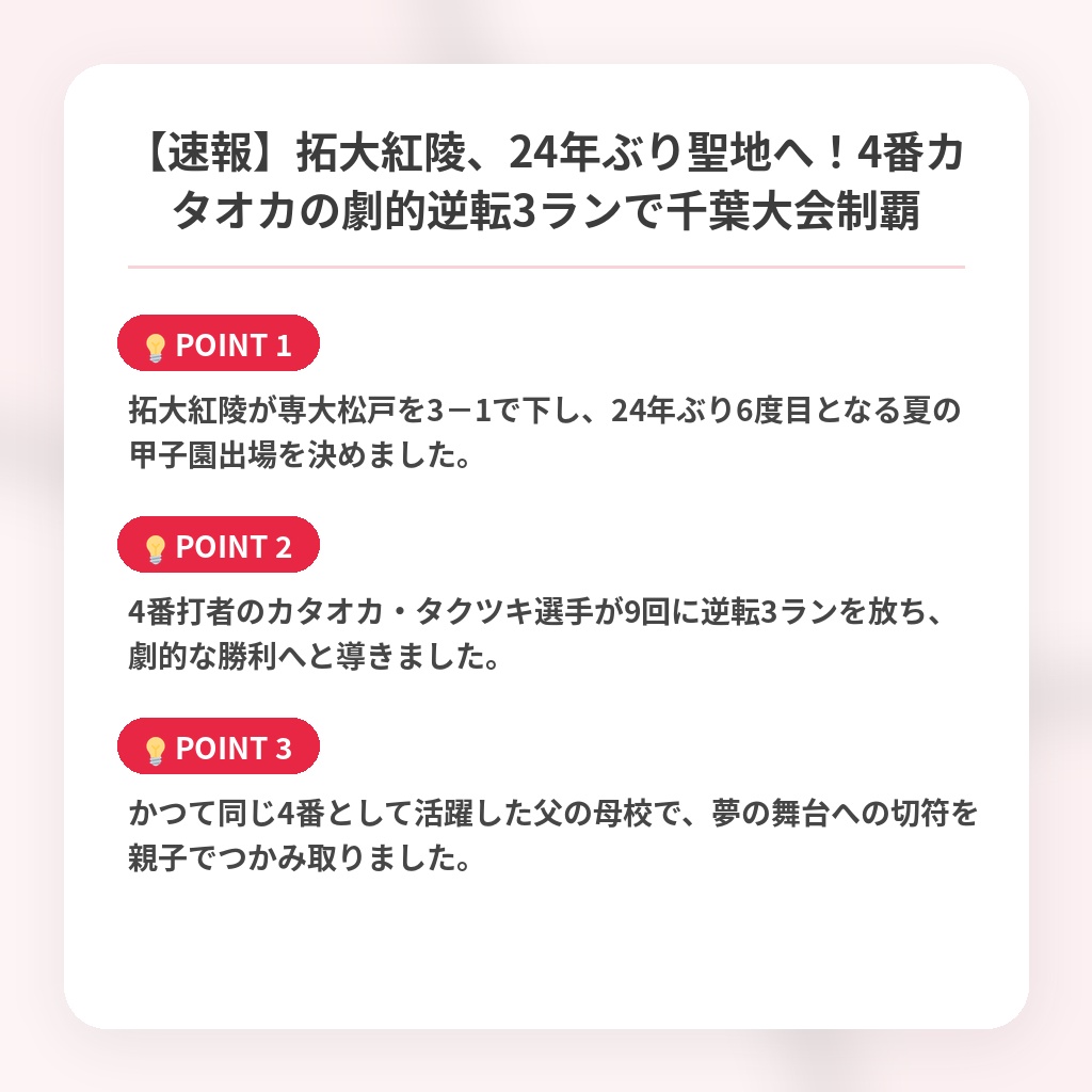 【速報】拓大紅陵、24年ぶり聖地へ！4番カタオカの劇的逆転3ランで千葉大会制覇の注目ポイントまとめ