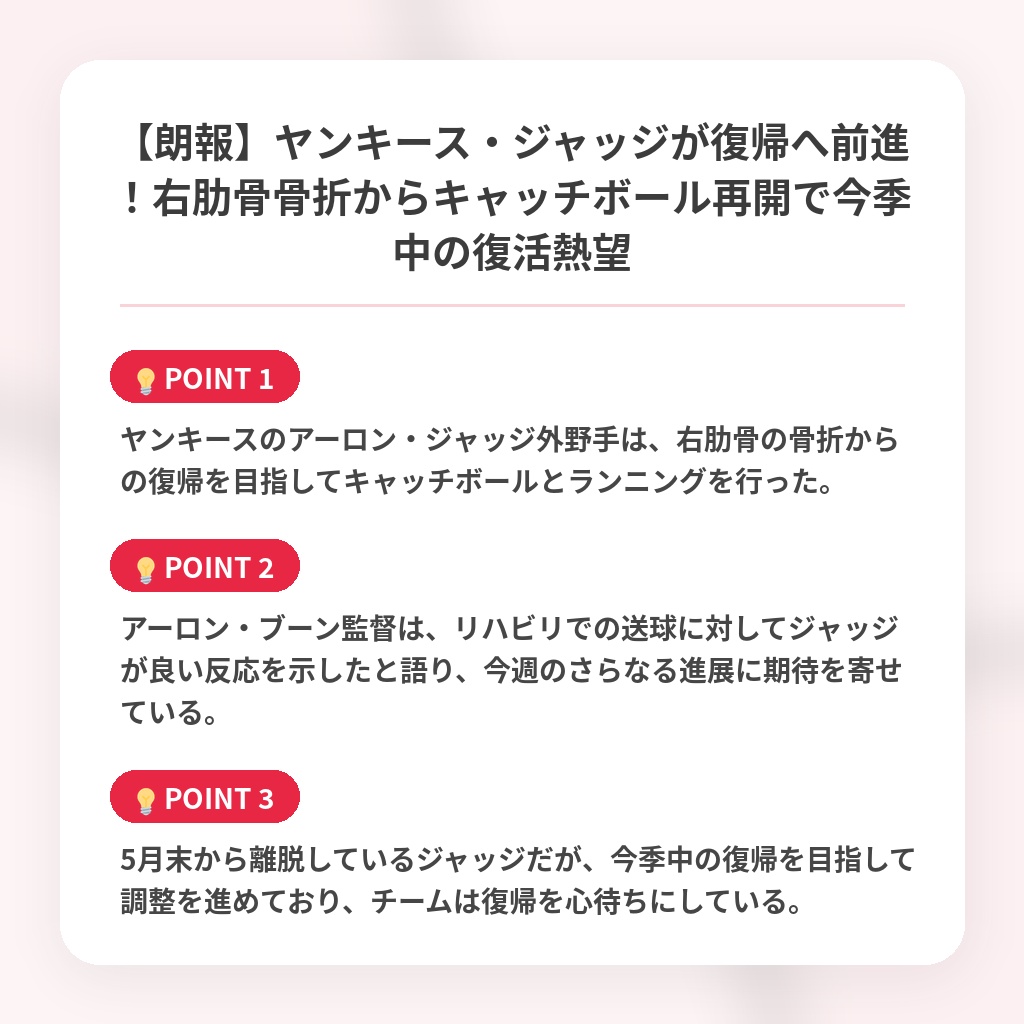 【朗報】ヤンキース・ジャッジが復帰へ前進！右肋骨骨折からキャッチボール再開で今季中の復活熱望の注目ポイントまとめ