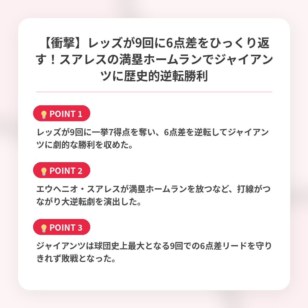 【衝撃】レッズが9回に6点差をひっくり返す!スアレスの満塁ホームランでジャイアンツに歴史的逆転勝利の注目ポイントまとめ