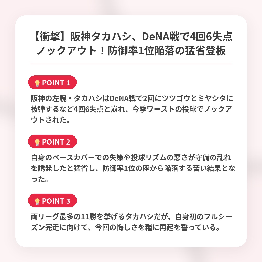 【衝撃】阪神タカハシ、DeNA戦で4回6失点ノックアウト！防御率1位陥落の猛省登板の注目ポイントまとめ