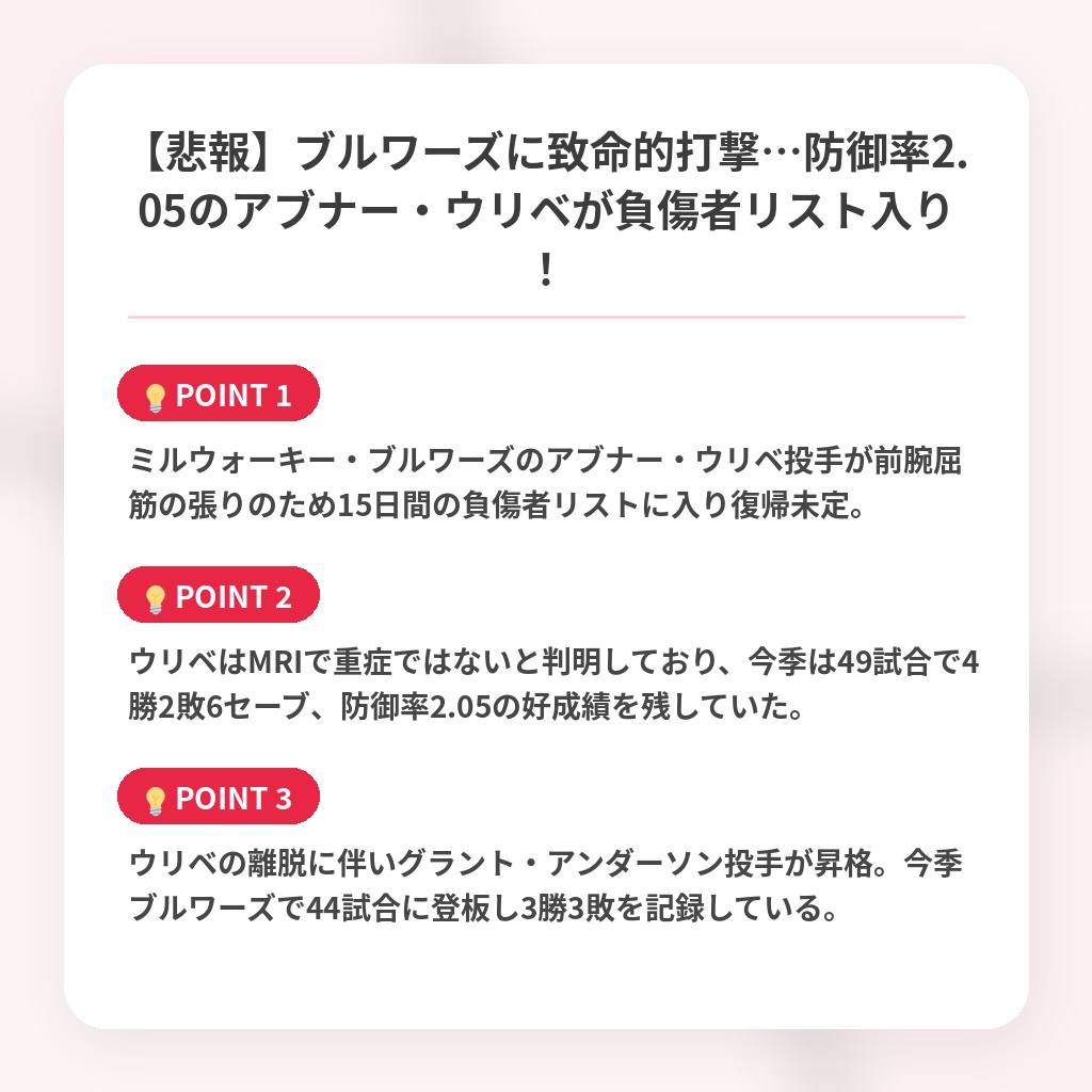 【悲報】ブルワーズに致命的打撃…防御率2.05のアブナー・ウリベが負傷者リスト入り！の注目ポイントまとめ