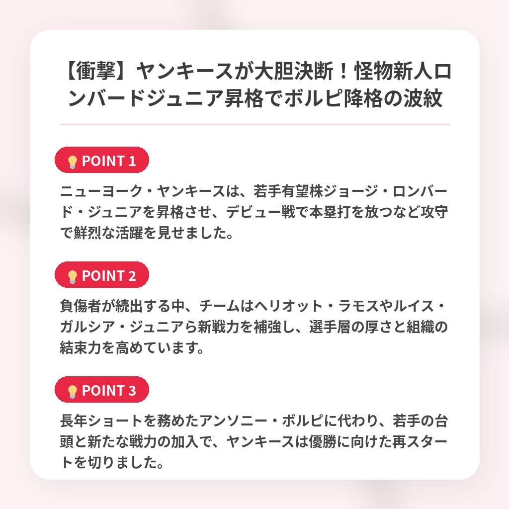 【衝撃】ヤンキースが大胆決断！怪物新人ロンバードジュニア昇格でボルピ降格の波紋の注目ポイントまとめ