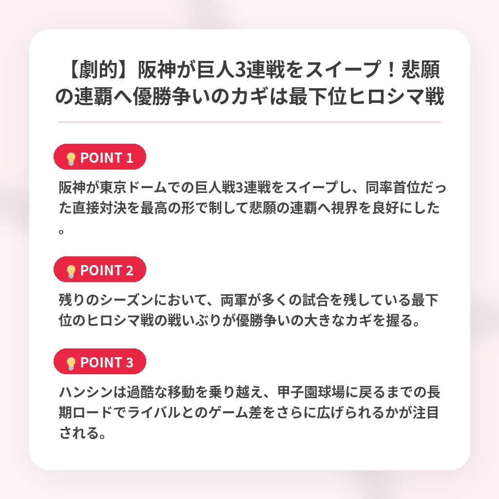 【劇的】阪神が巨人3連戦をスイープ！悲願の連覇へ優勝争いのカギは最下位ヒロシマ戦の注目ポイントまとめ