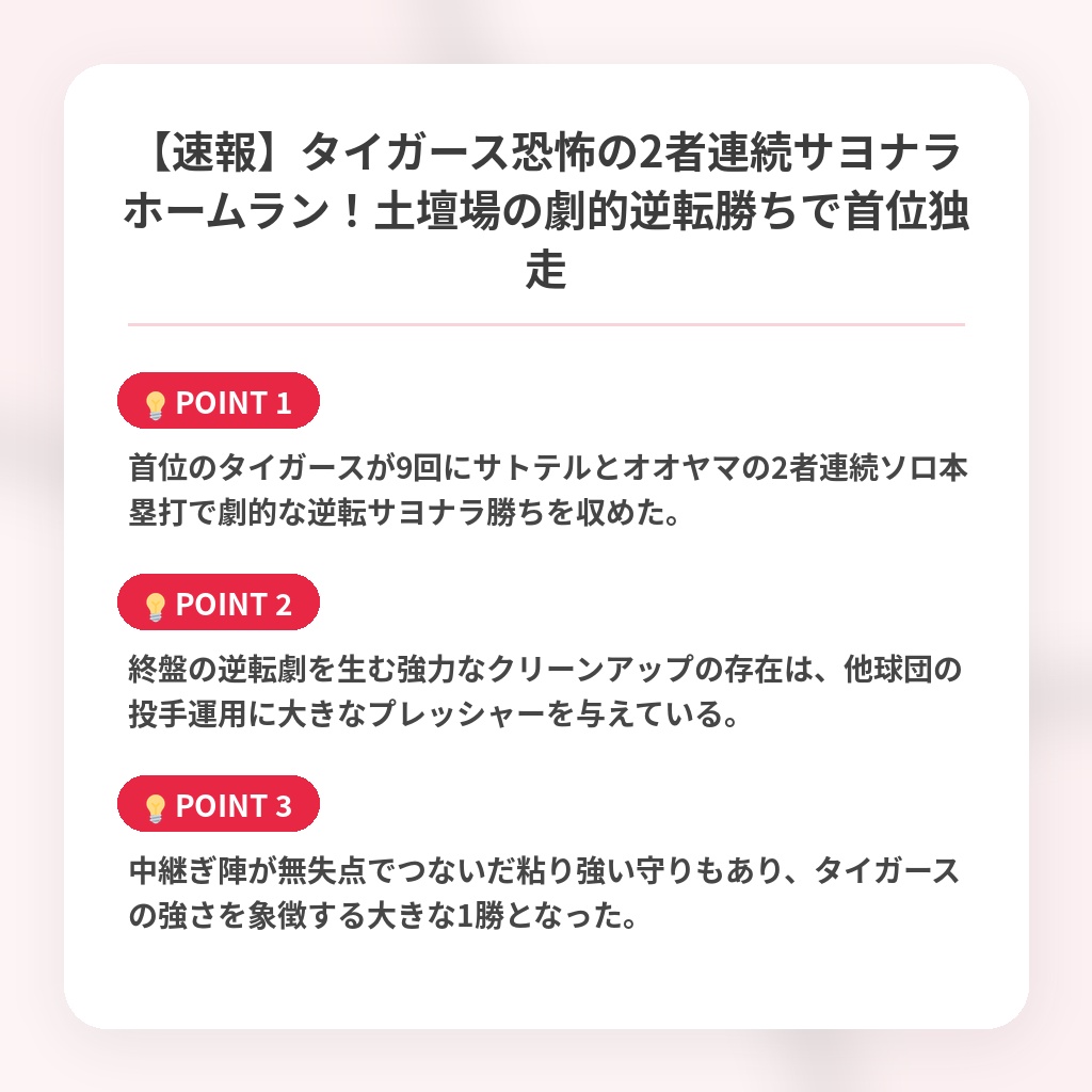 【速報】タイガース恐怖の2者連続サヨナラホームラン！土壇場の劇的逆転勝ちで首位独走の注目ポイントまとめ