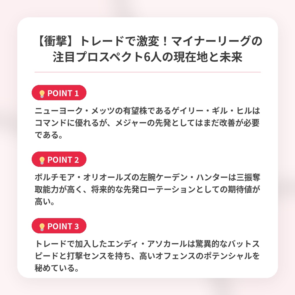 【衝撃】トレードで激変！マイナーリーグの注目プロスペクト6人の現在地と未来の注目ポイントまとめ