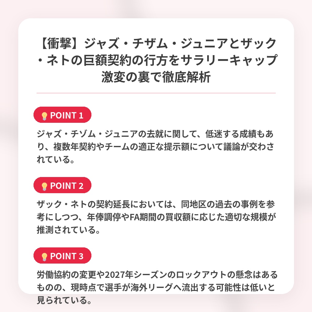 【衝撃】ジャズ・チザム・ジュニアとザック・ネトの巨額契約の行方をサラリーキャップ激変の裏で徹底解析の注目ポイントまとめ