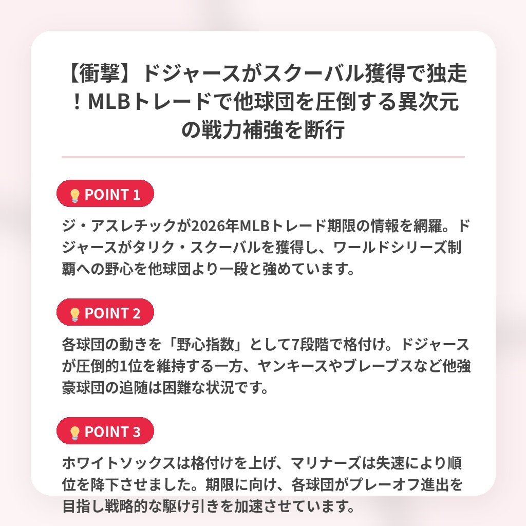 【衝撃】ドジャースがスクーバル獲得で独走！MLBトレードで他球団を圧倒する異次元の戦力補強を断行の注目ポイントまとめ