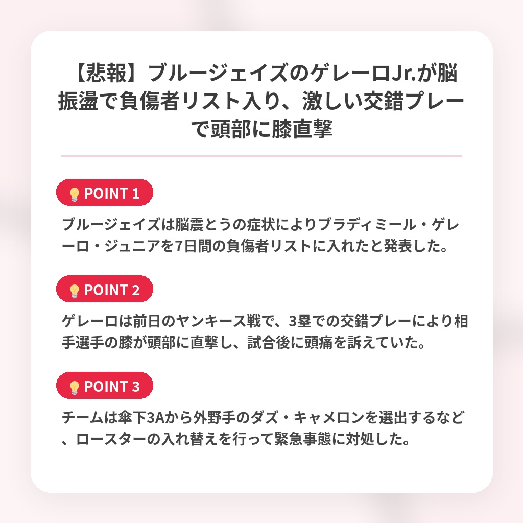【悲報】ブルージェイズのゲレーロJr.が脳振盪で負傷者リスト入り、激しい交錯プレーで頭部に膝直撃の注目ポイントまとめ