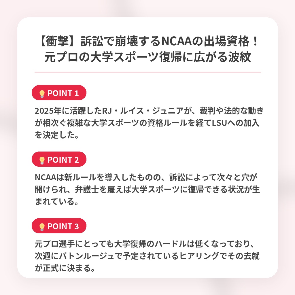 【衝撃】訴訟で崩壊するNCAAの出場資格！元プロの大学スポーツ復帰に広がる波紋の注目ポイントまとめ