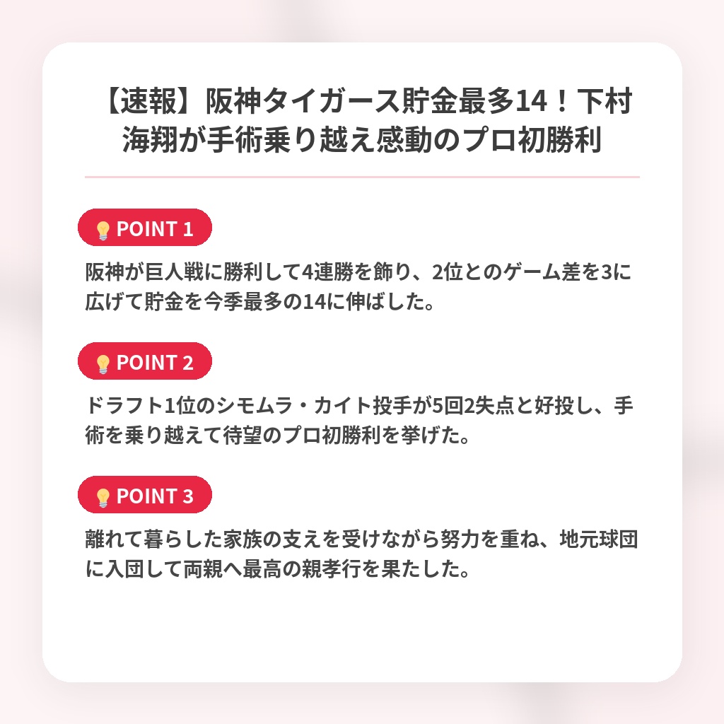 【速報】阪神タイガース貯金最多14！下村海翔が手術乗り越え感動のプロ初勝利の注目ポイントまとめ