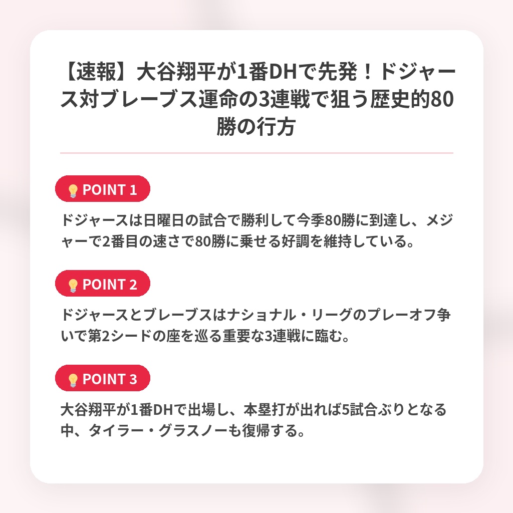 【速報】大谷翔平が1番DHで先発！ドジャース対ブレーブス運命の3連戦で狙う歴史的80勝の行方の注目ポイントまとめ