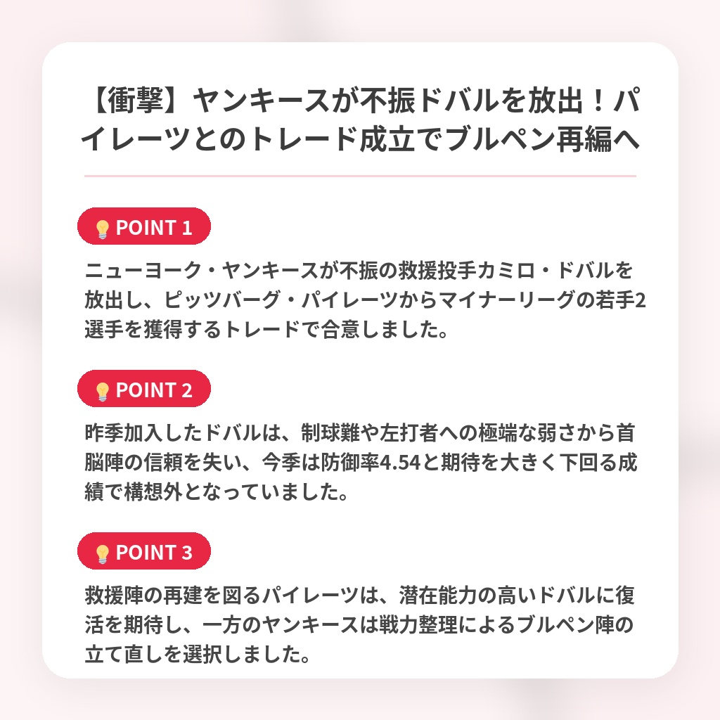 【衝撃】ヤンキースが不振ドバルを放出!パイレーツとのトレード成立でブルペン再編への注目ポイントまとめ