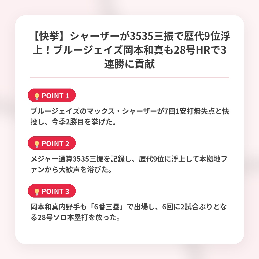 【快挙】シャーザーが3535三振で歴代9位浮上!ブルージェイズ岡本和真も28号HRで3連勝に貢献の注目ポイントまとめ