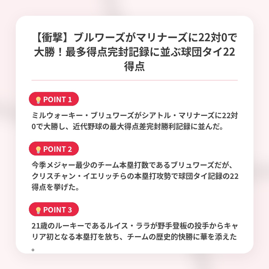 【衝撃】ブルワーズがマリナーズに22対0で大勝！最多得点完封記録に並ぶ球団タイ22得点の注目ポイントまとめ
