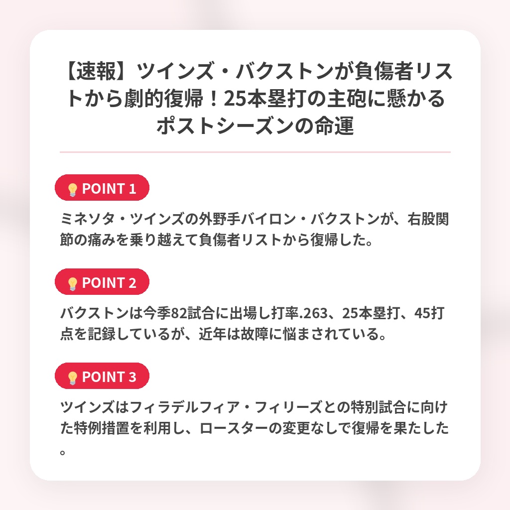 【速報】ツインズ・バクストンが負傷者リストから劇的復帰！25本塁打の主砲に懸かるポストシーズンの命運の注目ポイントまとめ