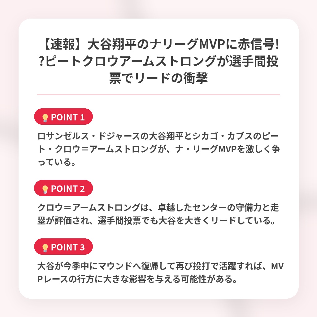 【速報】大谷翔平のナリーグMVPに赤信号!?ピートクロウアームストロングが選手間投票でリードの衝撃の注目ポイントまとめ