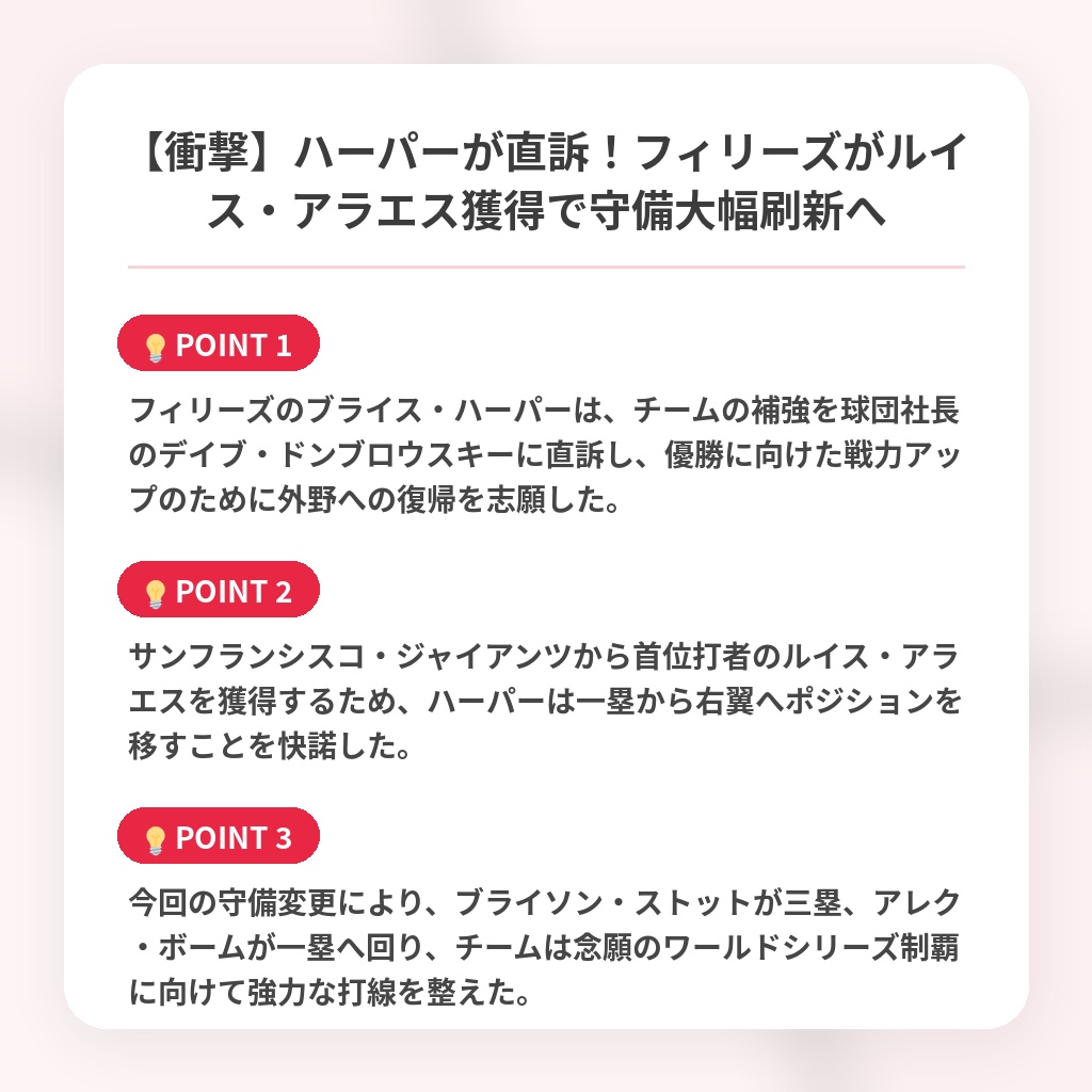 【衝撃】ハーパーが直訴！フィリーズがルイス・アラエス獲得で守備大幅刷新への注目ポイントまとめ