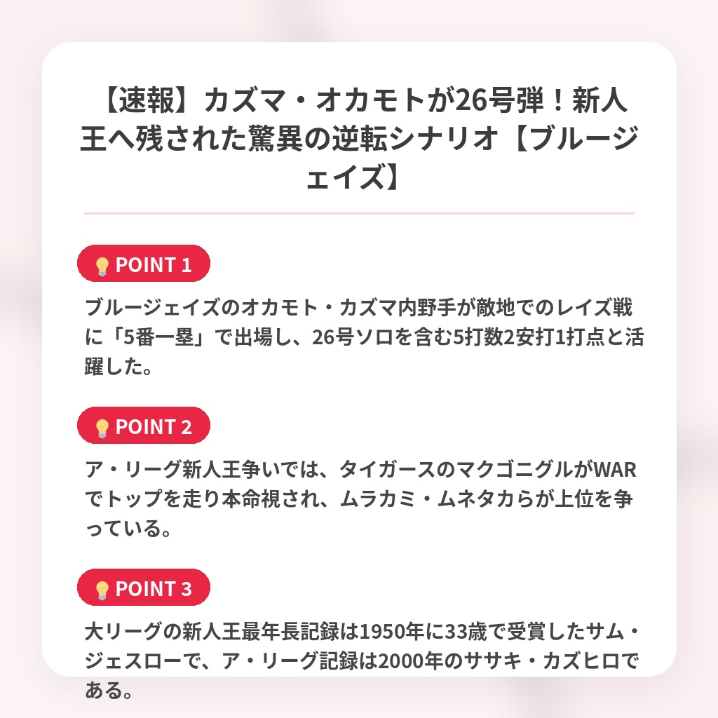 【速報】カズマ・オカモトが26号弾！新人王へ残された驚異の逆転シナリオ【ブルージェイズ】の注目ポイントまとめ