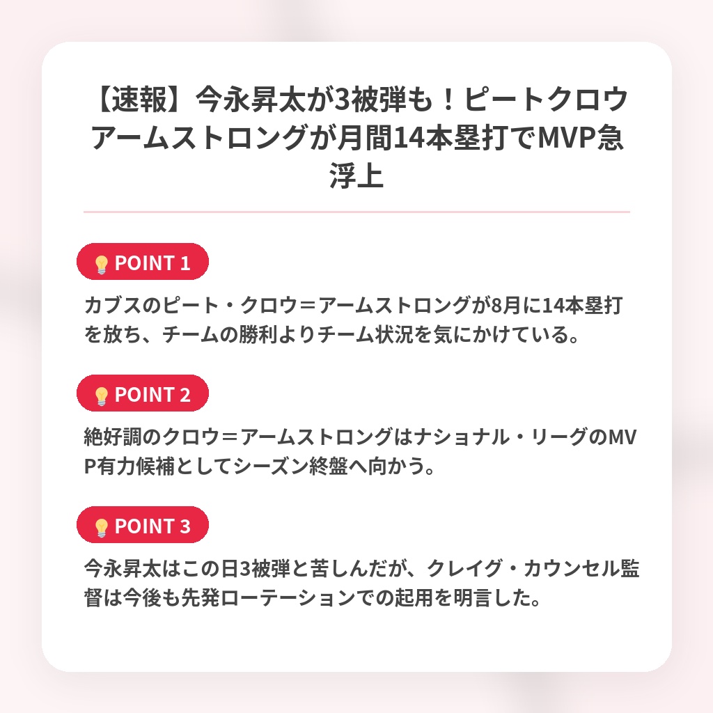 【速報】今永昇太が3被弾も！ピートクロウアームストロングが月間14本塁打でMVP急浮上の注目ポイントまとめ
