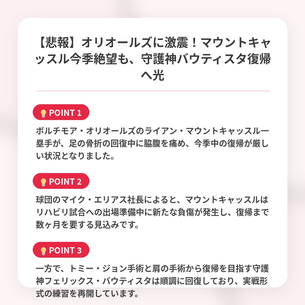【悲報】オリオールズに激震！マウントキャッスル今季絶望も、守護神バウティスタ復帰へ光の注目ポイントまとめ