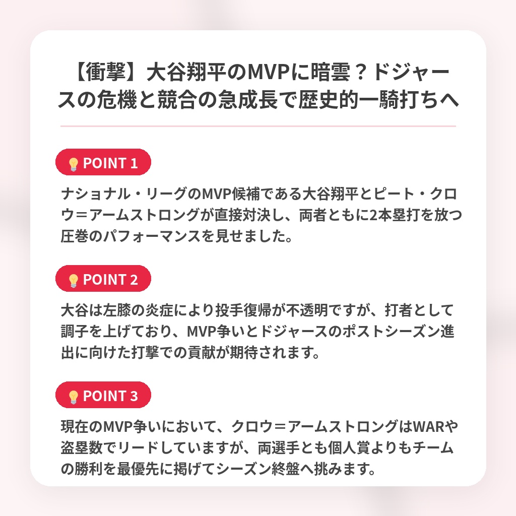 【衝撃】大谷翔平のMVPに暗雲？ドジャースの危機と競合の急成長で歴史的一騎打ちへの注目ポイントまとめ