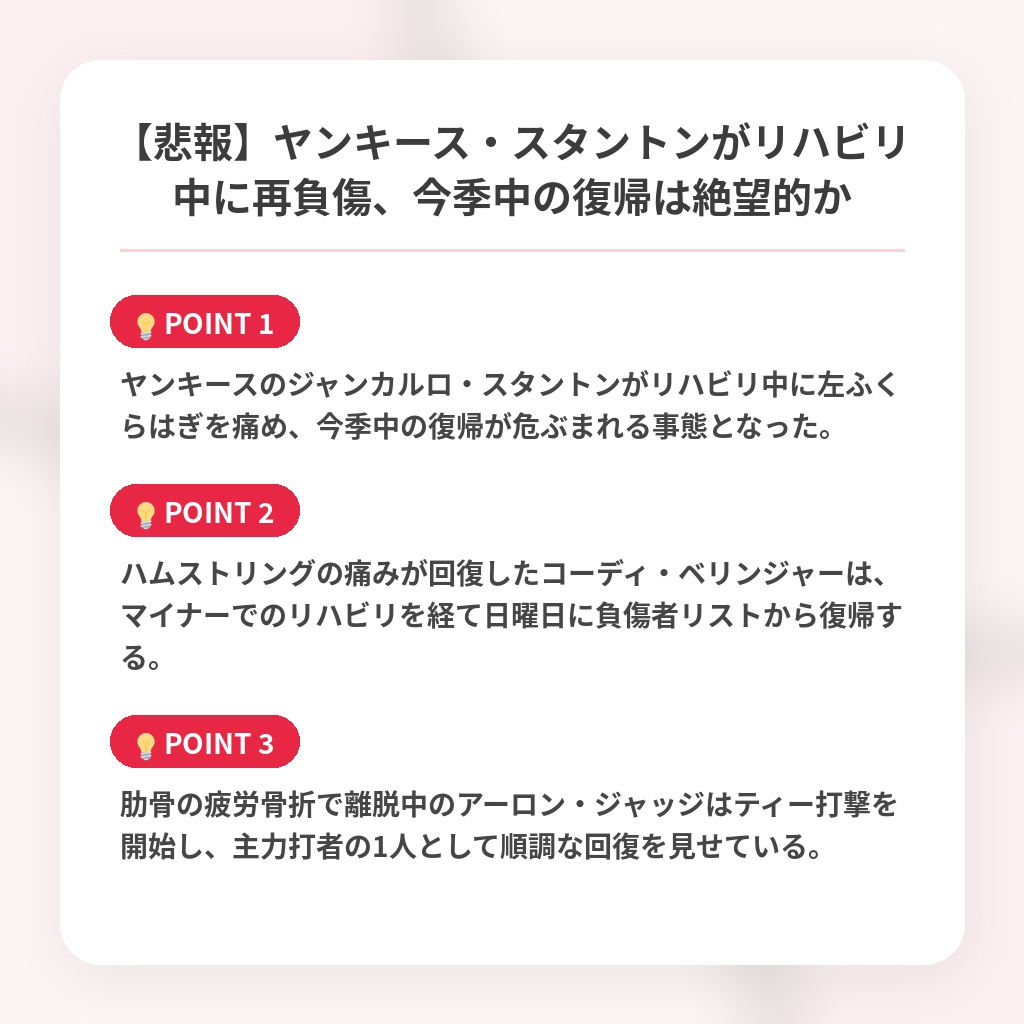 【悲報】ヤンキース・スタントンがリハビリ中に再負傷、今季中の復帰は絶望的かの注目ポイントまとめ