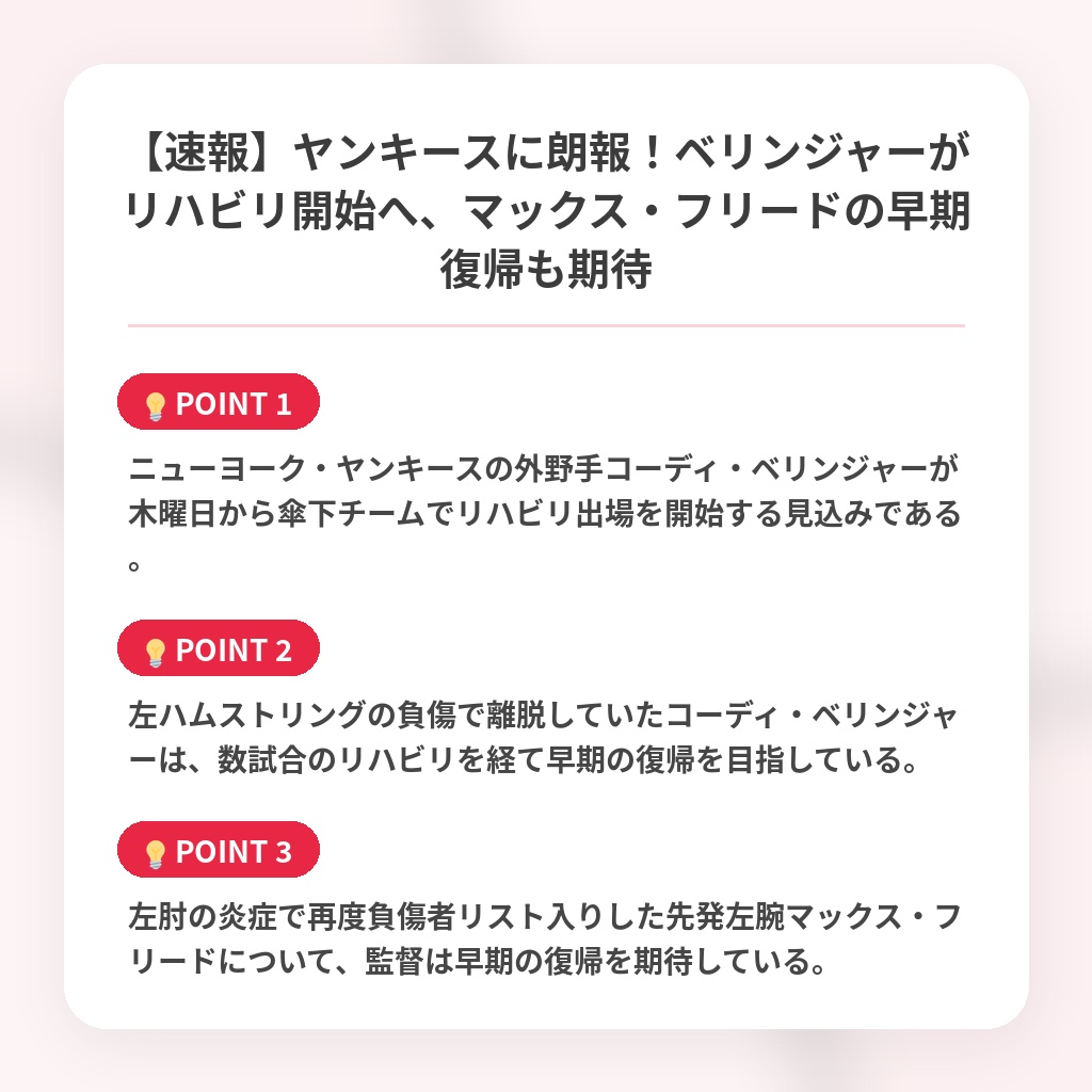 【速報】ヤンキースに朗報！ベリンジャーがリハビリ開始へ、マックス・フリードの早期復帰も期待の注目ポイントまとめ