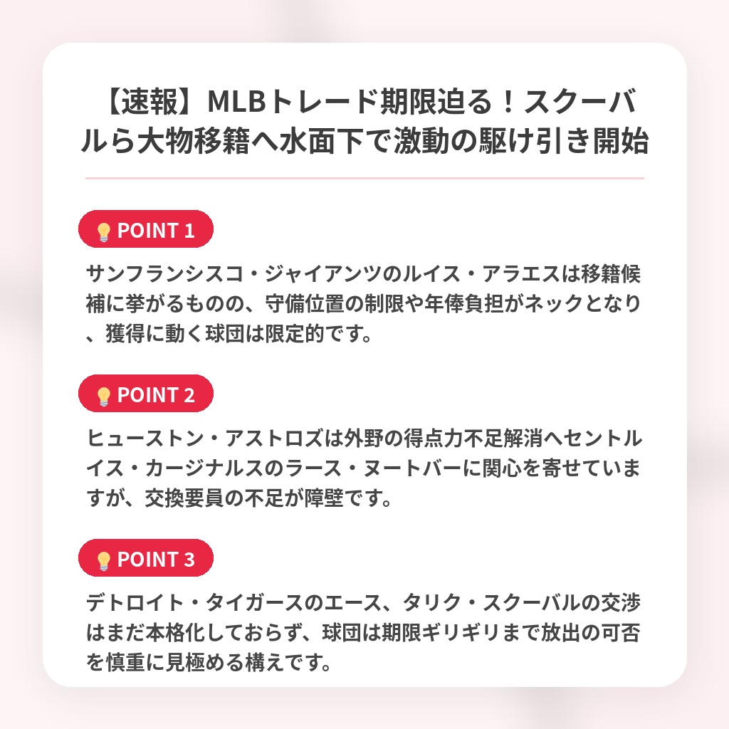 【速報】MLBトレード期限迫る!スクーバルら大物移籍へ水面下で激動の駆け引き開始の注目ポイントまとめ