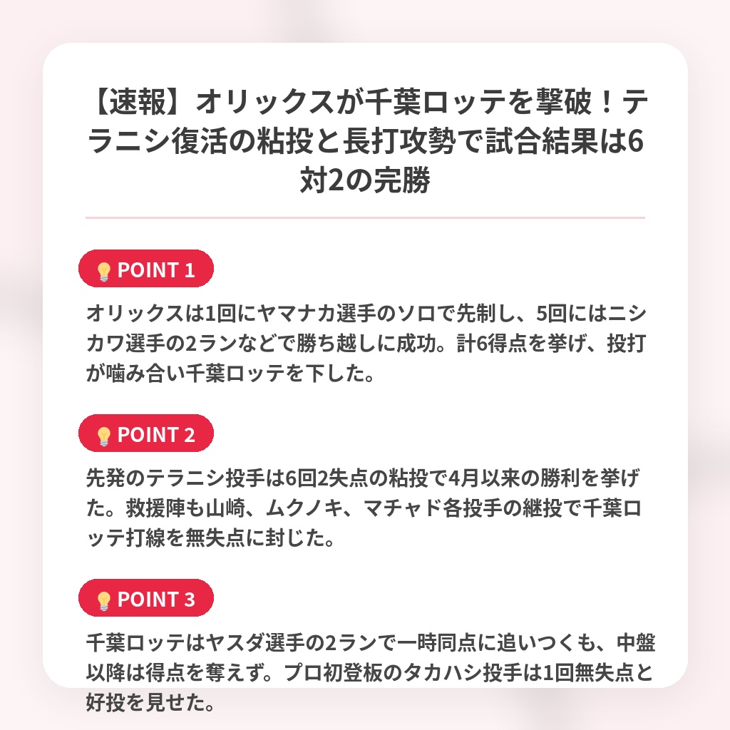 【速報】オリックスが千葉ロッテを撃破！テラニシ復活の粘投と長打攻勢で試合結果は6対2の完勝の注目ポイントまとめ
