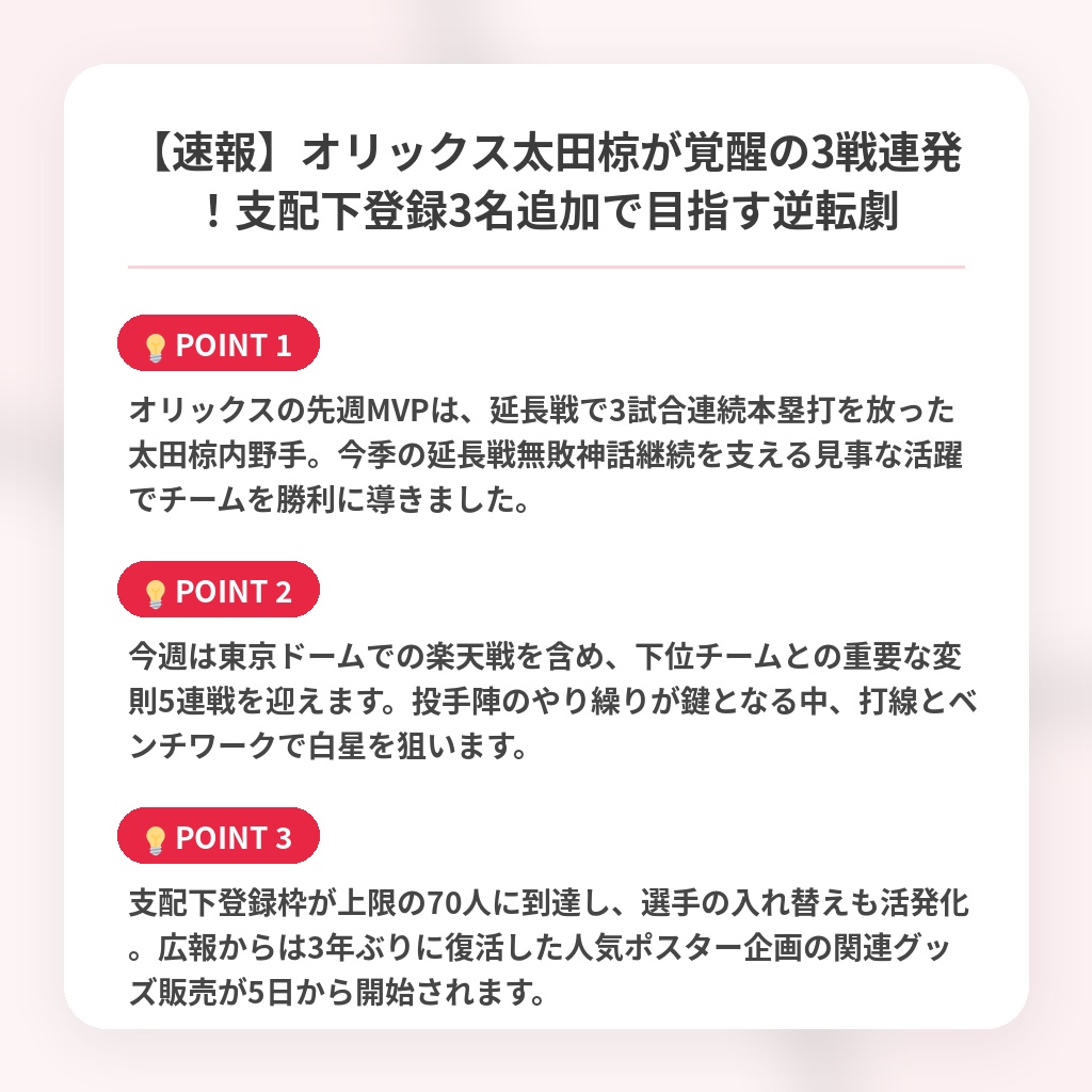 【速報】オリックス太田椋が覚醒の3戦連発！支配下登録3名追加で目指す逆転劇の注目ポイントまとめ
